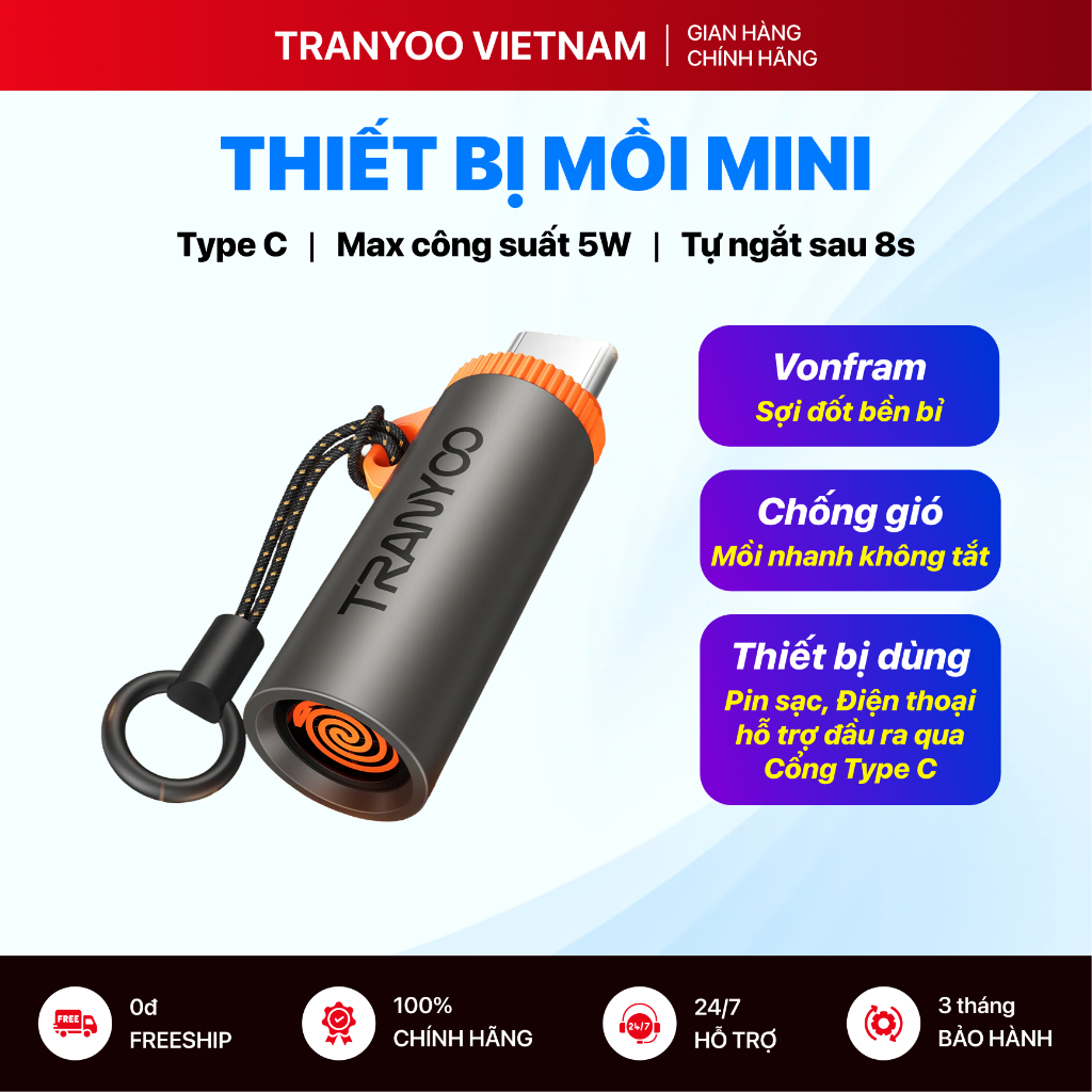 Thiết Bị Mồi Mini TRANYOO T-E40 Đầu Vào Type C Sợi Đốt Vonfram với Tính Năng Tự Ngắt An Toàn Sau 8s