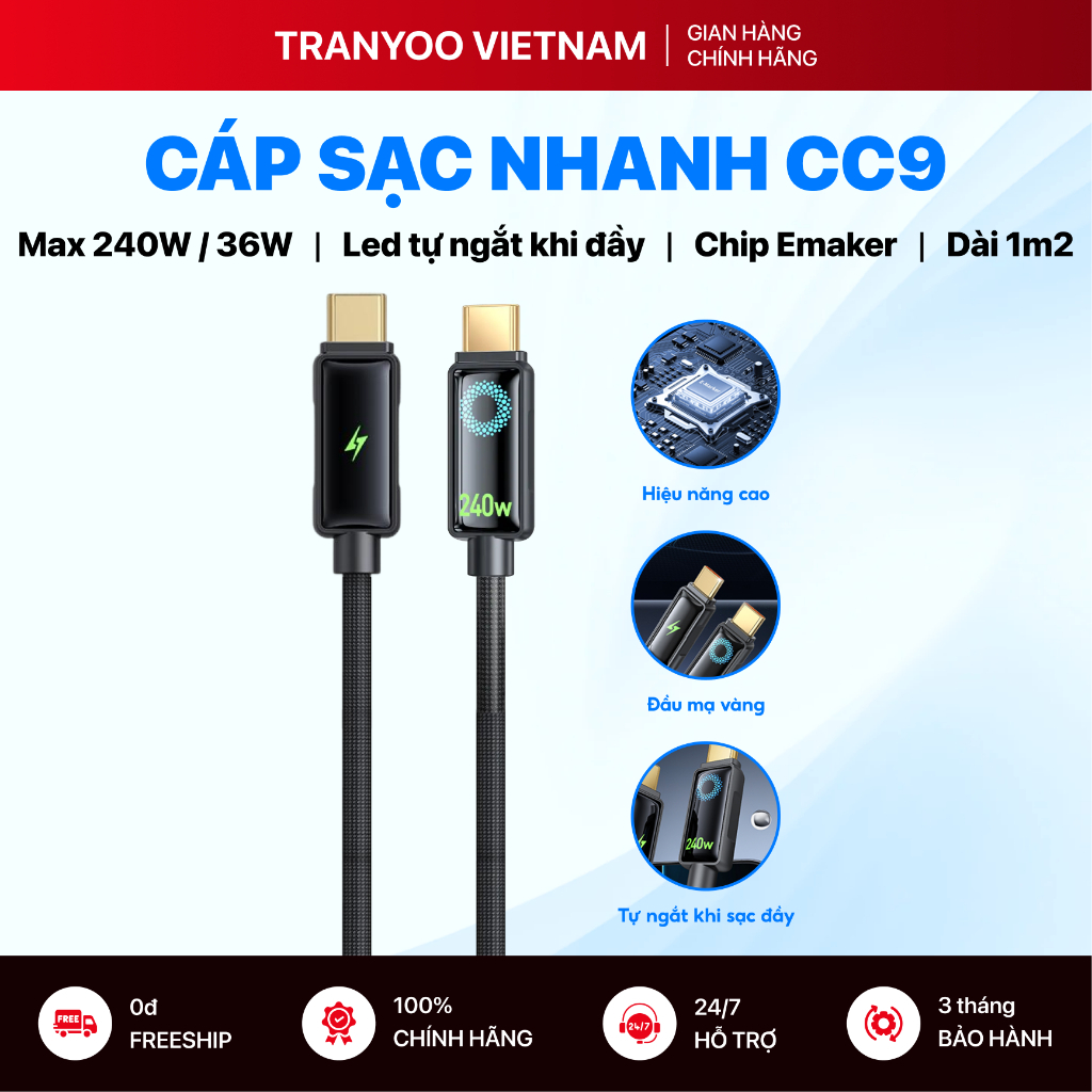 Cáp Sạc Nhanh TRANYOO CC-9 | CL-9 Sạc Nhanh 240W Led Chuyển Mau và Tự Động Ngắt Khi Sạc Đầy