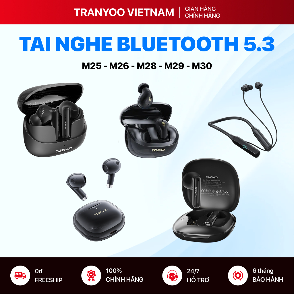 Tai Nghe Bluetooth 5.3 TRANYOO Thiết Kế Nhỏ Gọn Hiện Đại Chống Ồn 48dB Pin Trâu Đàm Thoại Tốt
