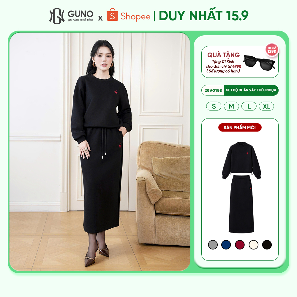 Set bộ chân váy nỉ dáng dài GUNO logo thêu ngựa cao cấp form suông tôn dáng thanh lịch 26VG198