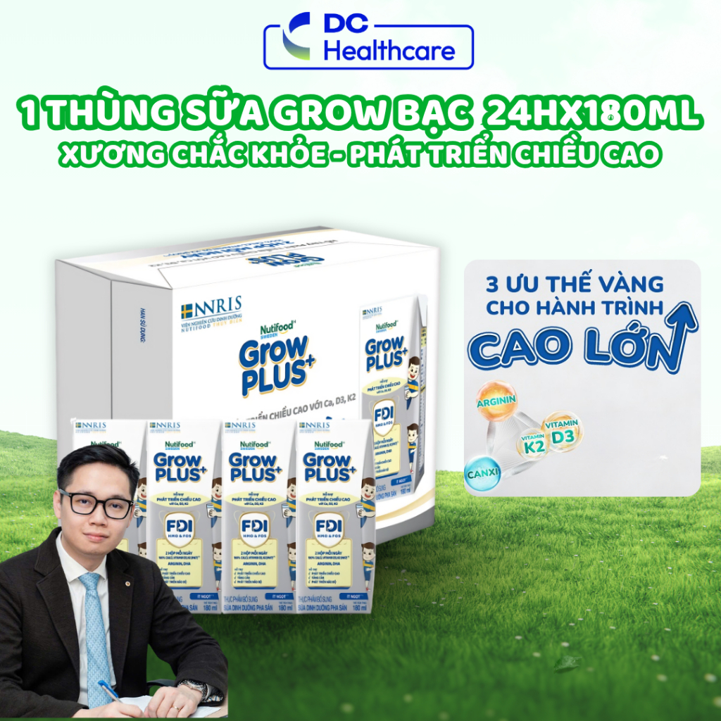 1 Thùng GROW BẠC 24 Hộp 180ml Sữa Dinh Dưỡng Nutifood GrowPLUS+ (Bạc) Cao Lớn Vượt Trội Hộp (24 hộp  x 180ml)