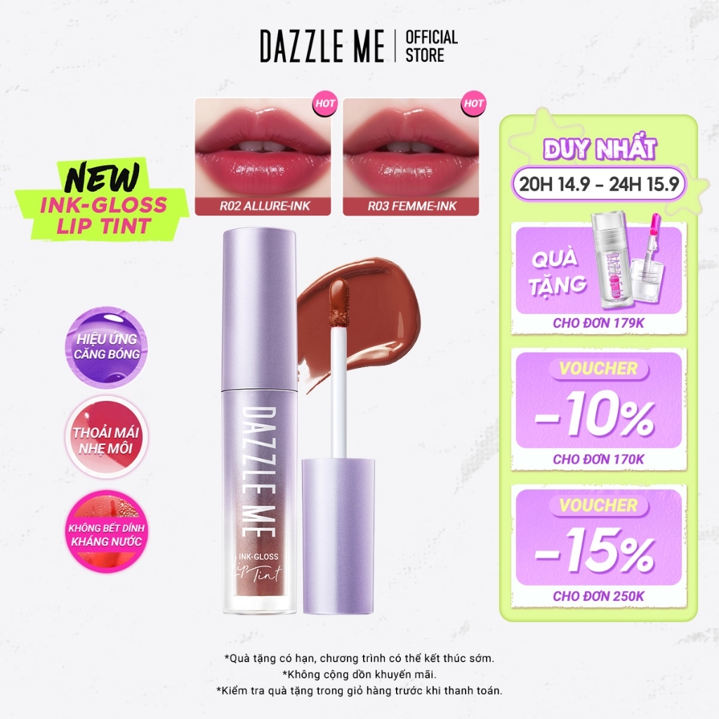 Son tint bóng DAZZLE ME Ink-Gloss Lip Tint Căng bóng dưỡng ẩm bền màu mọng nước mỏng nhẹ 2.5ml