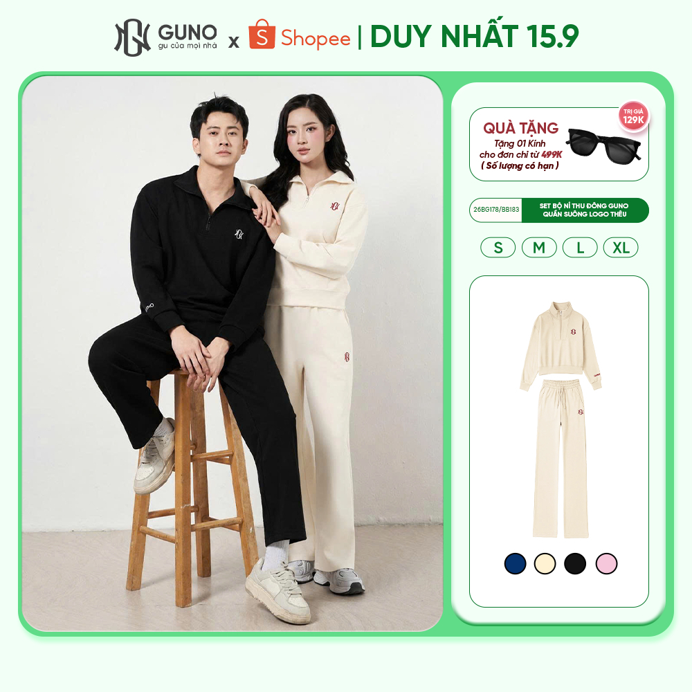 Bộ quần áo nỉ nam nữ GUNO cao cấp vải nỉ modal kéo khoá cổ kèm quần suông logo thêu 26BG178/BB183