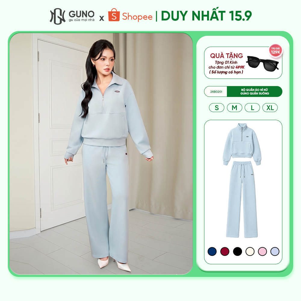Bộ quần áo nỉ nữ GUNO Polo cổ bẻ phối khoá thanh lịch thời trang quần suông basic 26BG201