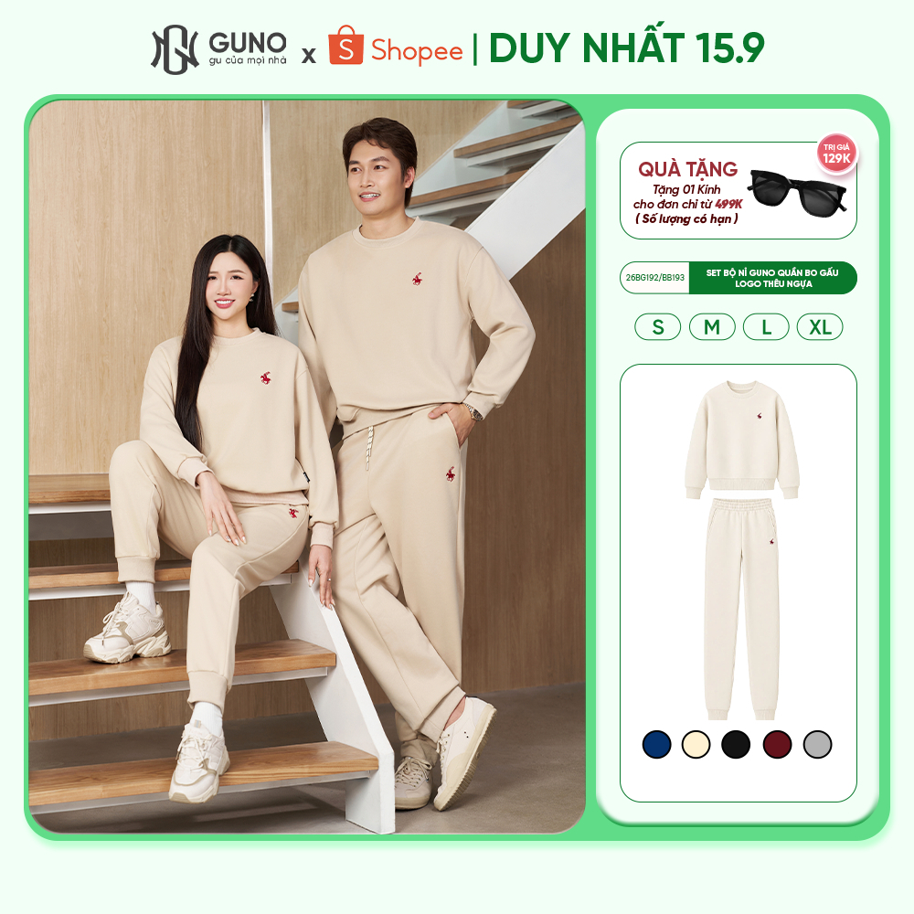 Bộ quần áo nỉ nam nữ GUNO cao cấp cổ tròn thêu ngựa phối quần bo gấu thời trang 26BG192/BB193