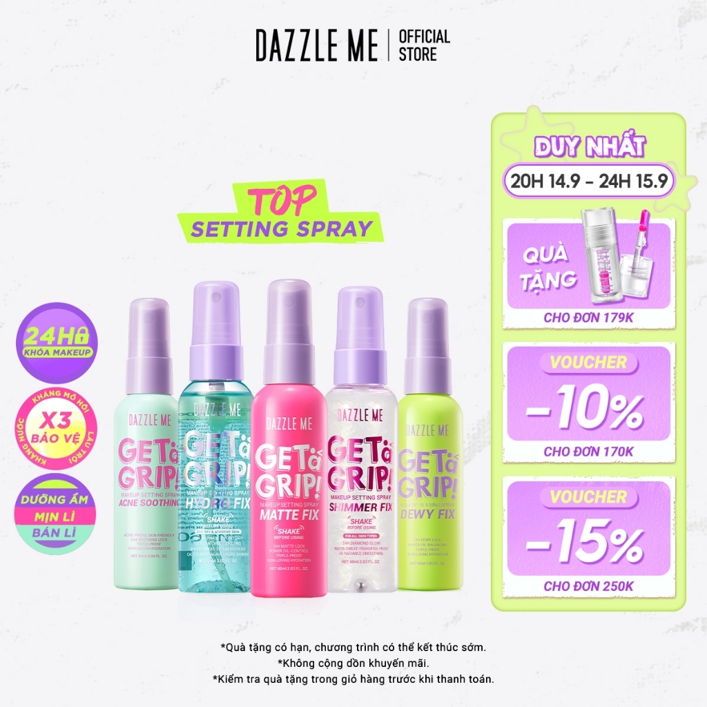 Xịt Khóa makeup Nền DAZZLE ME Setting Spray Dewy Fix Cố Định Trang Điểm Lâu Trôi Cấp Ẩm 60ml