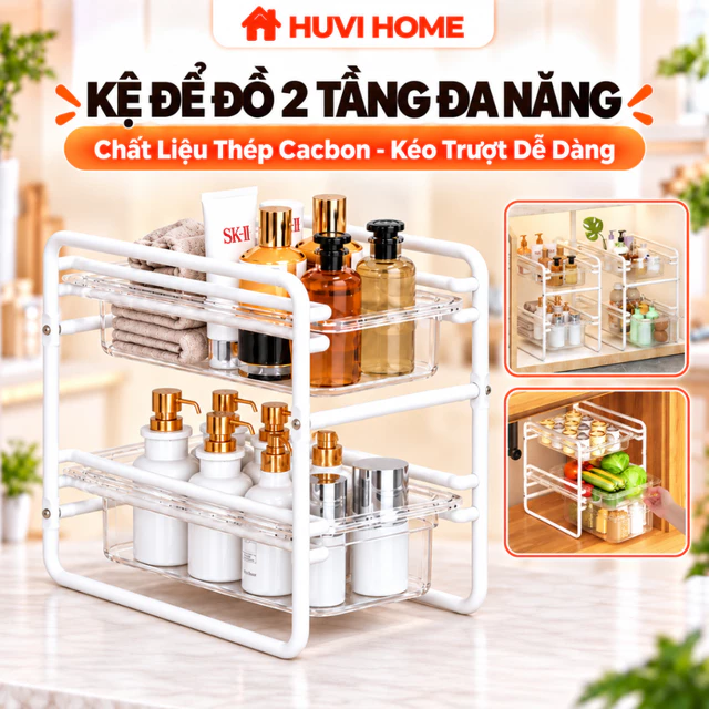 Kệ Để Đồ Nhà Bếp 2 Tầng, Kệ Gầm Bếp, Kệ Để Mỹ Phẩm, Kệ Để Gia Vị, Kệ Để Rau Củ Quả Kéo Ra Dễ Dàng