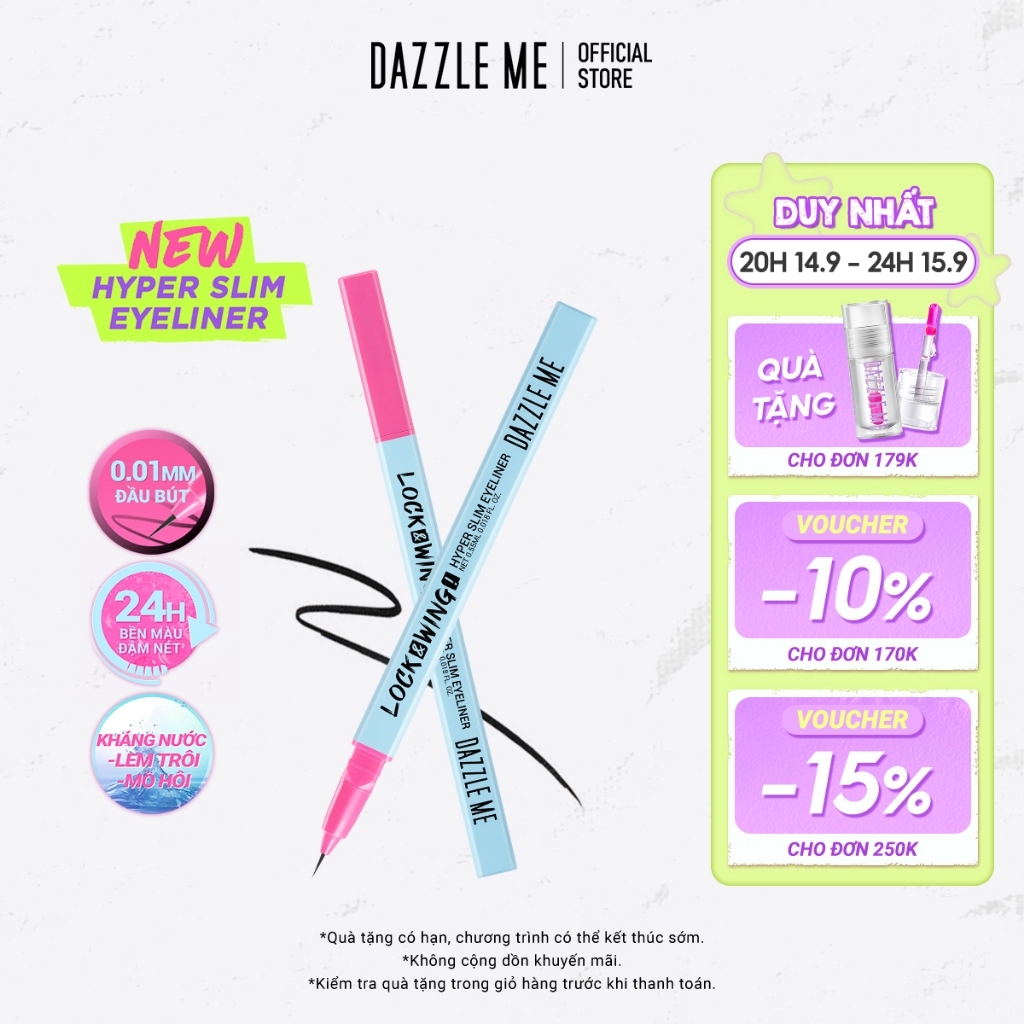Bút kẻ mắt siêu mảnh DAZZLE ME Lock & Wing! Hyper Slim Eyeliner đầu cọ mềm chống nước 0.55ml