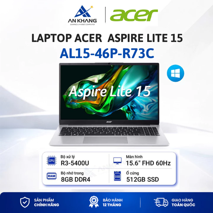 Laptop Acer Aspire Lite 15 AL15-46P-R73C (R3-5400U; 8GB;512GB SSD; UMA; 15.6"FHD; Win11; Bạc) Bảo hành 12 tháng