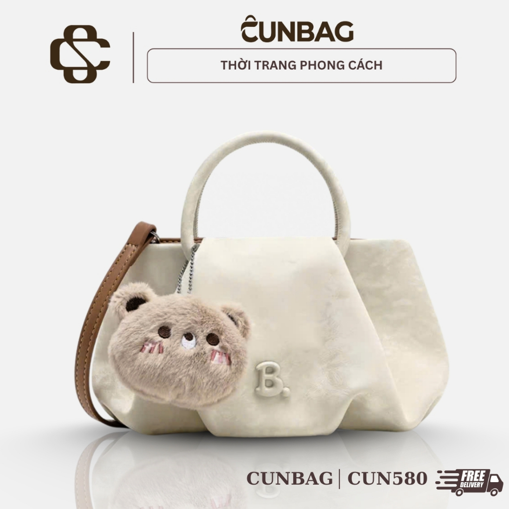 Túi Xách Nữ Cunbag  Túi Nữ Xách Tay Da Nhung Mềm Kèm mMóc Gấu Cực Dễ Thương CUN580