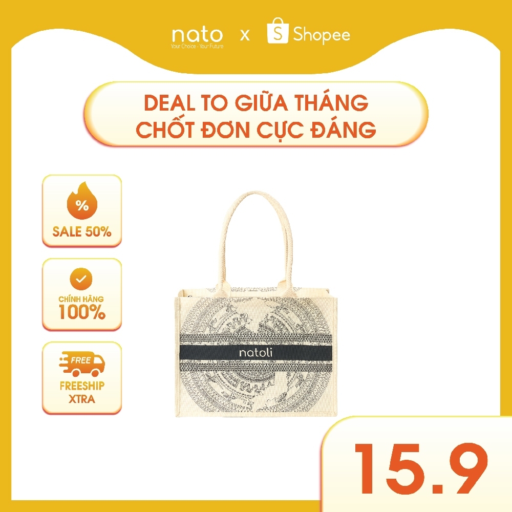 Túi cói vintage, túi đi biển NATOLI đi du lịch, đi chơi có khóa kéo đựng đồ tiện lợi BST Artisan Eco Jute Tote T36