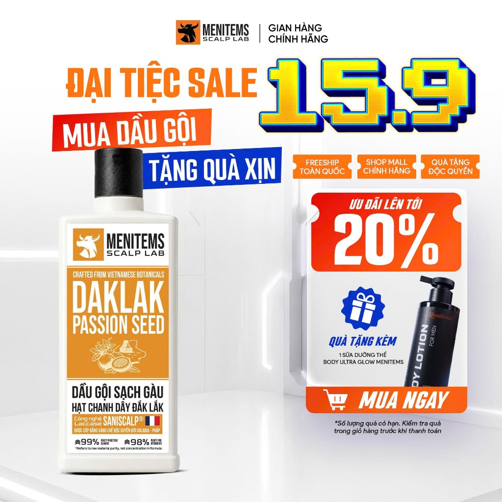 Dầu Gội Sạch Gàu Chanh Dây Chuẩn Khoa Học Dak Lak Passion Seed Menitems Scalp Lab 350ML, Giảm Gàu Ngứa Da Đầu Cho Nam