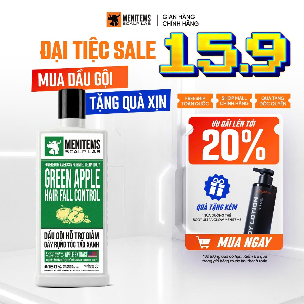 Dầu Gội Ngăn Rụng Tóc Táo Xanh Menitems Scalp Lab Green Apple, Giảm Gãy Rụng, Kích Thích Mọc Tóc Chuẩn Khoa Học 350ml