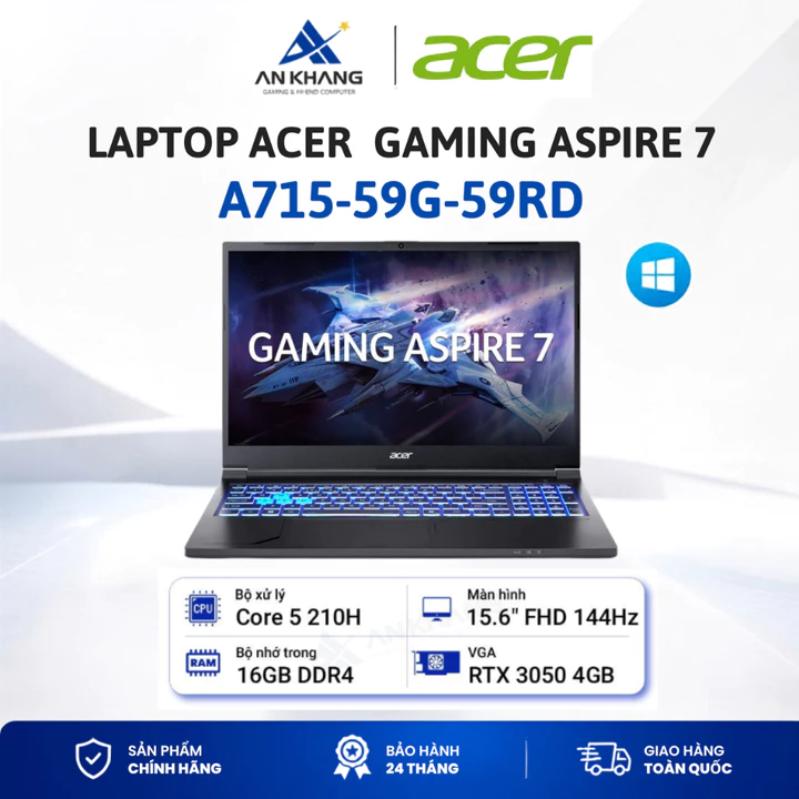 Laptop Acer Gaming Aspire 7 A715-59G-59RD( C5-210H, 16GD4, 512GSSD, 15.6FHD_144Hz, W11, RTX3050, đen) Bảo hành 24 tháng