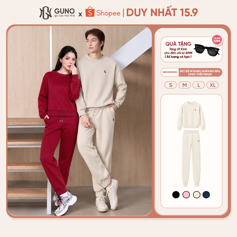 Bộ Quần Áo Nỉ Nam Nữ GUNO Cổ Tròn Thêu Ngựa Quần Bo Gấu Set Bộ Thu Đông Thời Trang SP5 26BG192/BB193