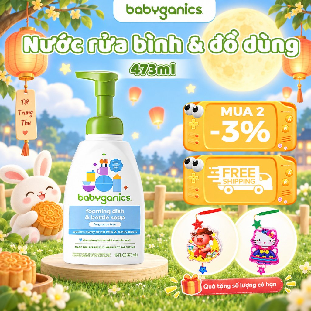 Nước Rửa Bình & Dụng Cụ Cho Bé Babyganics Organic – Không Mùi, Sạch Khuẩn, Tạo Bọt, Chuẩn Hàng Mỹ