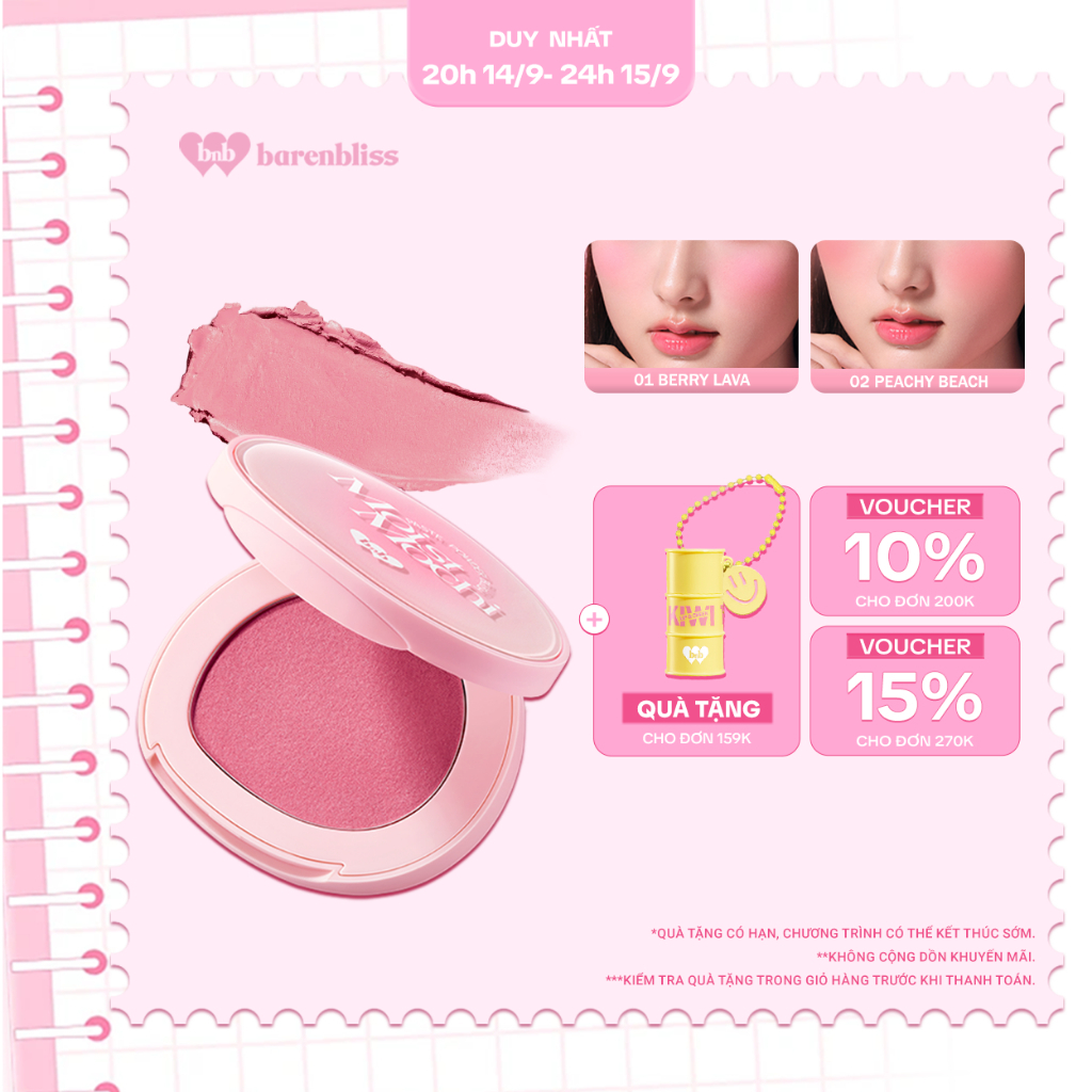 Má hồng barenbliss Moist Mochi Paste Powder Blush kem lai phấn dễ tán bền màu mịn màng tươi tắn 4.5g