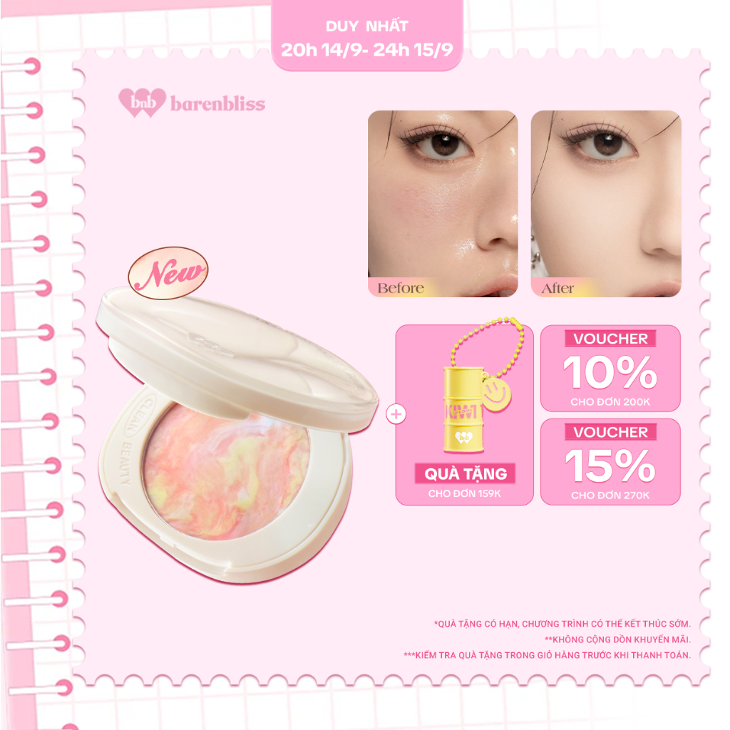 Phấn phủ dạng nén Barenbliss Bloomatte Fine to Refine Compact mịn lì kiềm dầu kháng nước 6g