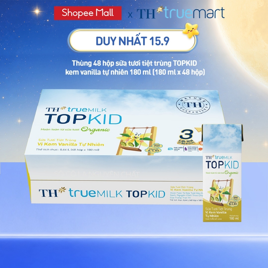 Thùng 48 hộp sữa tươi tiệt trùng TOPKID kem vanilla tự nhiên TH true MILK 180ml