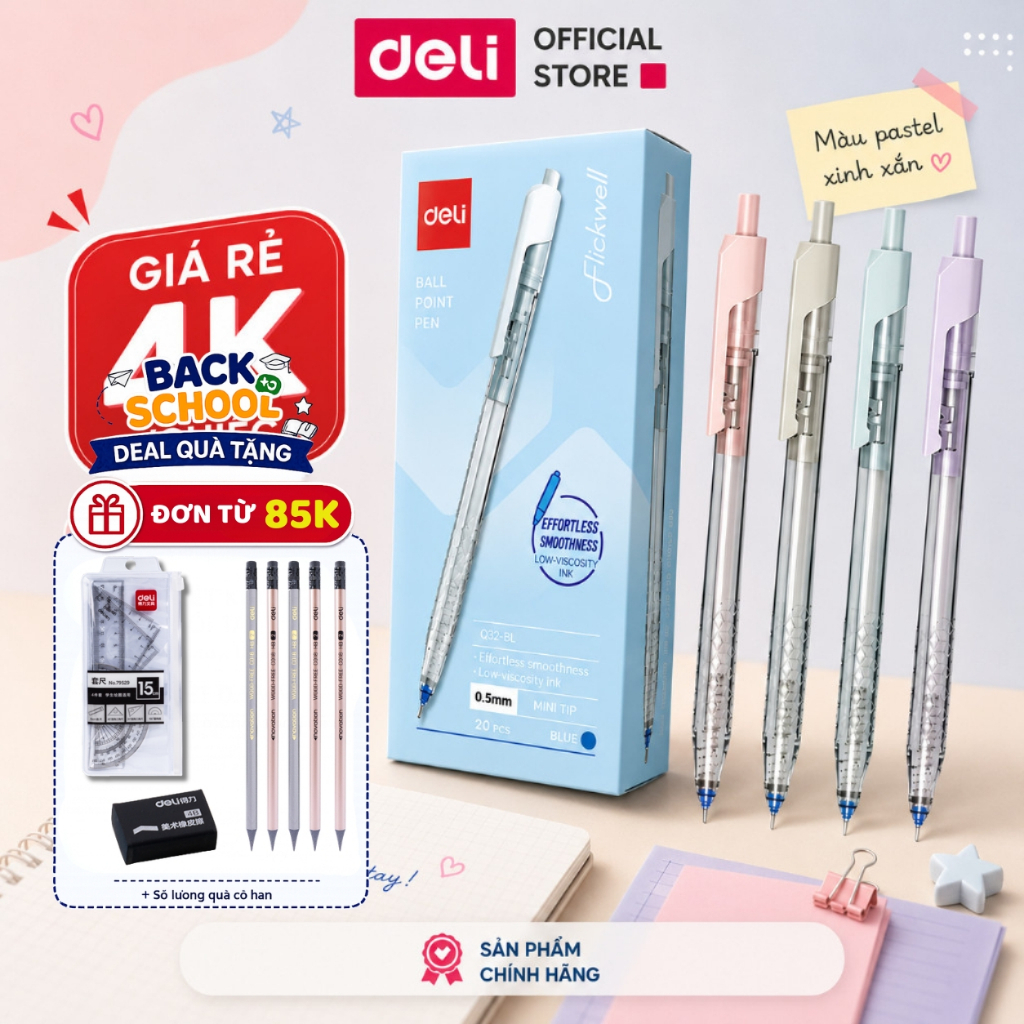 [🔥15/9 TẶNG COMBO QUÀ] Combo 5/10/20 Bút Bi Deli EQ32 Màu Pastel Ngòi 0.5mm Mực Xanh Cho Học Sinh Sinh Viên Văn Phòng