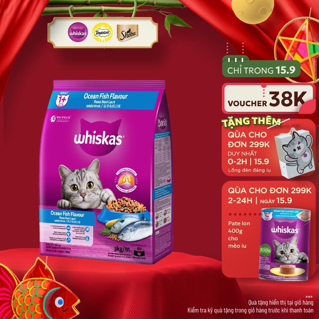 WHISKAS Thức Ăn Cho Mèo Trưởng Thành Dạng Hạt vị Cá Biển - 3kg