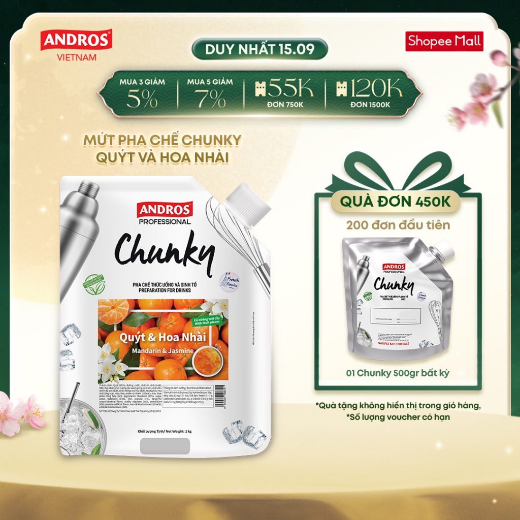 Mứt Trái Cây Pha Chế Quýt & Hoa Nhài - Có miếng trái cây thật - Nguyên liệu pha chế - ANDROS CHUNKY - 1kg