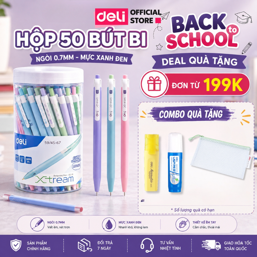 [🔥15/9 TẶNG COMBO QUÀ] Hộp 50 bút bi bấm văn phòng mực xanh đen đỏ ngòi 0.7mm Deli phù hợp học sinh văn phòng
