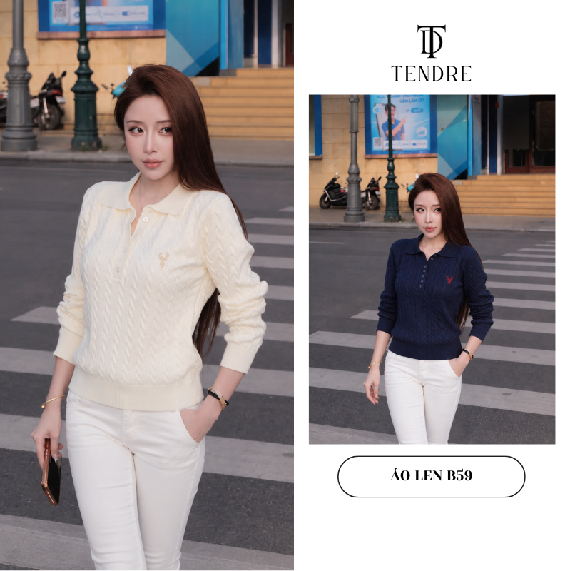 TENDRE - Áo Len Nữ Dài Tay Cổ Polo Vặn Thừng Thêu Logo, Áo Len Dệt Kim Cổ Bẻ Cài Cúc Style Hàn Quốc Dễ Phối Đồ B59