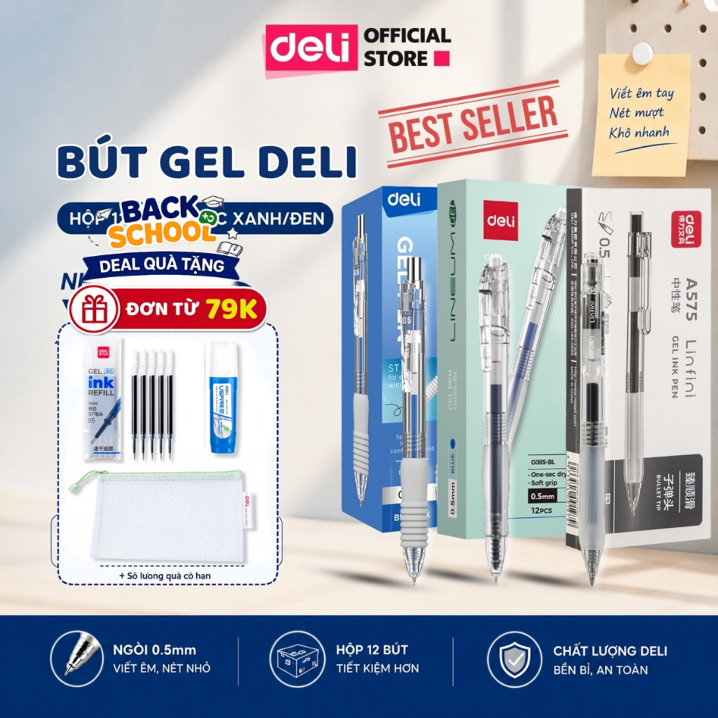 [🔥15/9 DEAL SÔC] Hộp 12 Bút Gel Bấm Deli A575 Mực Xanh Đen Ngòi 0.5mm Nhanh Khô Viết Trơn Cho Học Sinh Văn Phòng