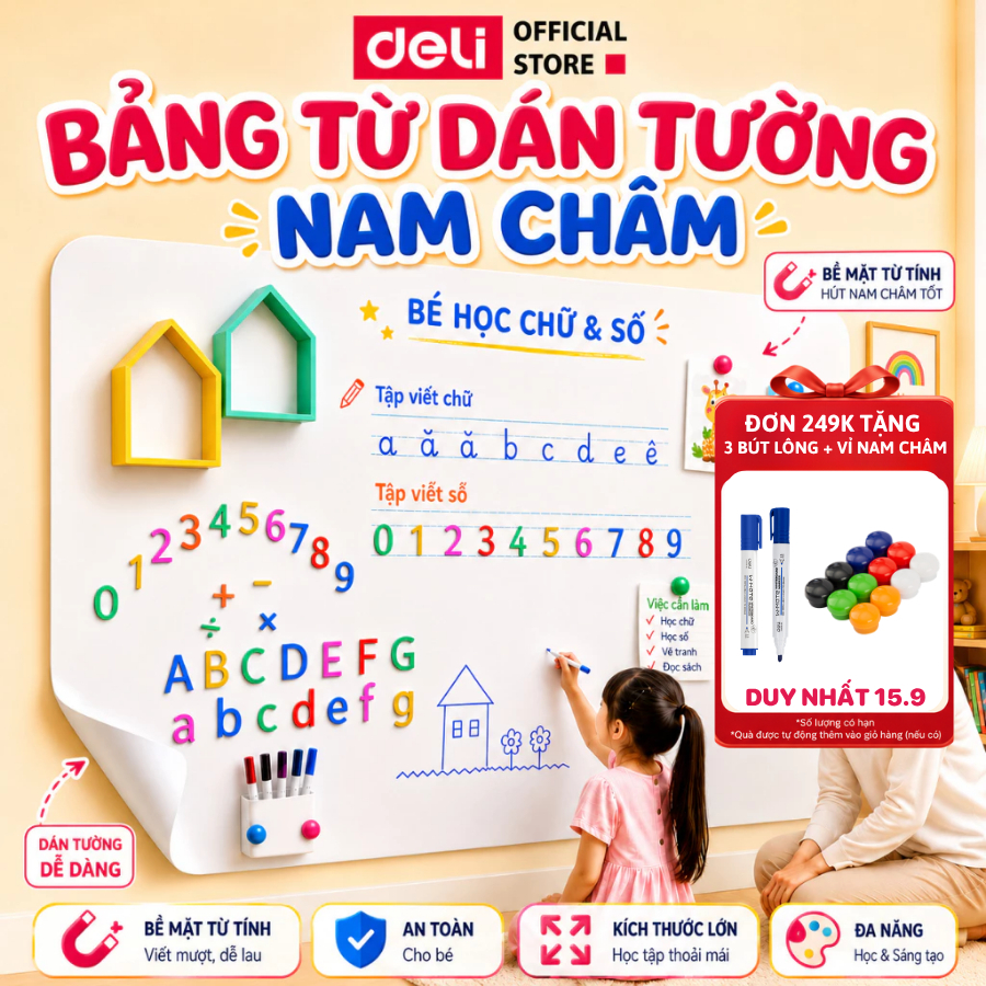 Bảng Từ Trắng Dán Tường Deli - Hút Nam Châm Viết Bút Lông Bảng Dày Dặn Nhiều Kích Thước