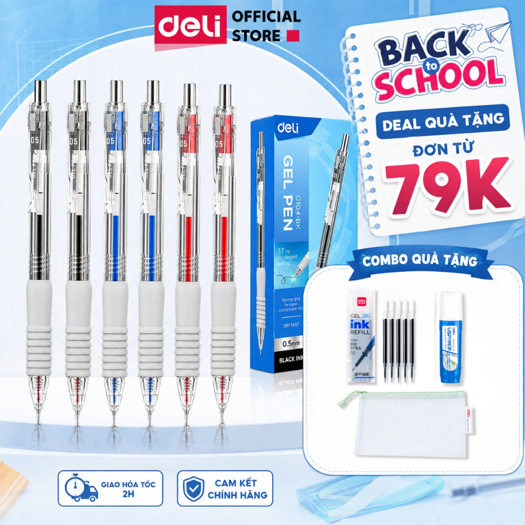 [🔥15/9 DEAL SỐC] Bút Bi Nước Bút Gel Mực Bấm Deli Đệm Xốp 3 Màu Xanh/ Đen/ Đỏ Ngòi 0.5mm Cho Học Sinh Văn Phòng