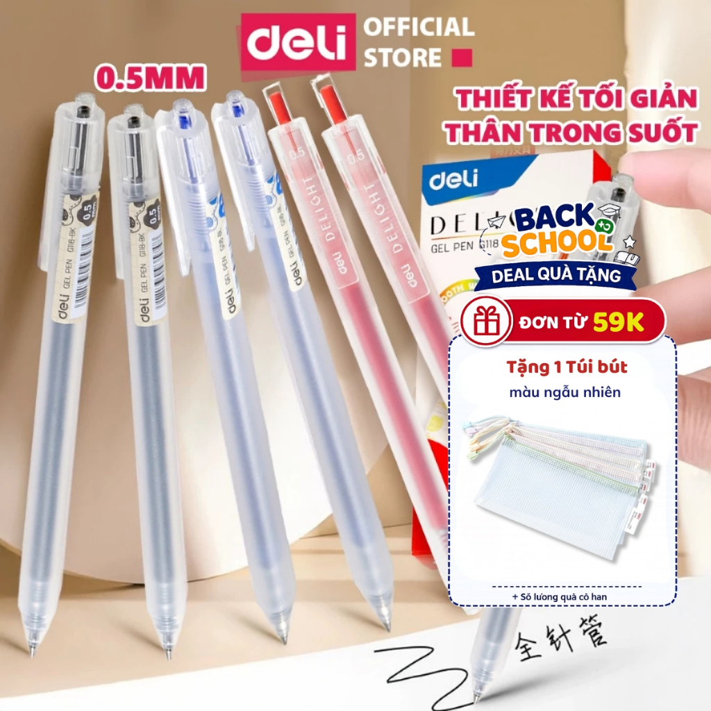 [🔥15/9 DEAL SỐC]Bút Bi Mực Gel Deli Thân Mờ Trong Suốt EG118 ngòi 0.5mm cho học sinh sinh viên văn phòng ghi chú học tập
