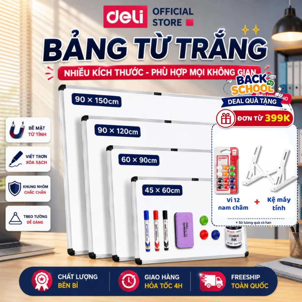 [🔥25/9 DEAL SỐC] Bảng Từ Trắng Treo Viết Bút Lông Deli Bảng Mica Nam Châm Kèm Khay Đựng Học Sinh Văn Phòng