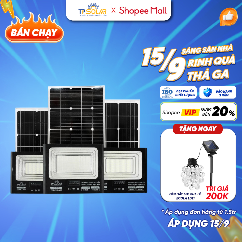 Đèn Pha Năng Lượng Mặt Trời TP SOLAR 200W, 300W, 600W Chiếu Sáng 100-300m2, Vỏ Hợp Kim Nhôm, Sáng Xuyên Đêm