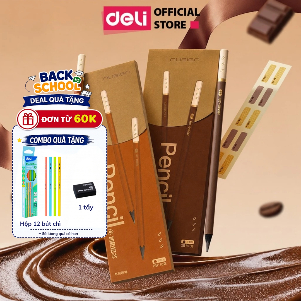 [🔥15/9 TẶNG 12 BÚT CHÌ] Hộp 10 Cây Bút Chì Gỗ Mocha Socola 2B HB Deli Nusign Thân Gỗ Đen Cao Cấp Dễ Gọt Cho Học Sinh