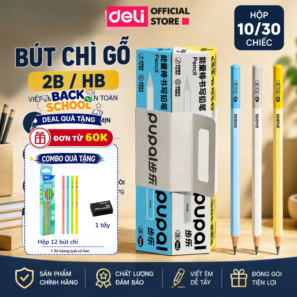 [🔥15/9 TẶNG 12 BÚT CHÌ] Hộp 10/30 Bút Chì Gỗ Deli Pupal PL15 HB/2B Thân Lục Giác Chống Trơn, Viết Mượt Cho Học Sinh