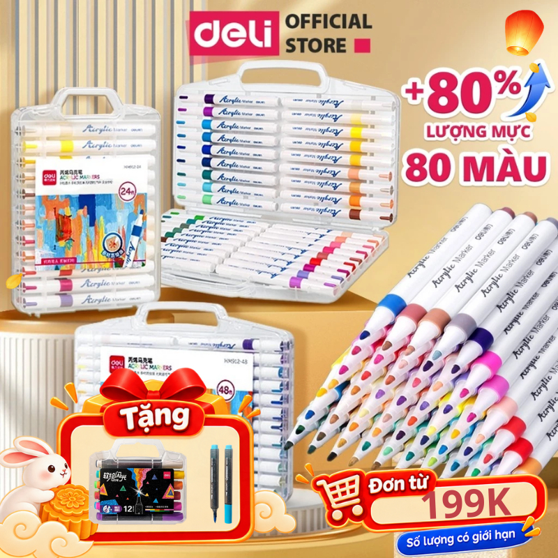 [🔥TRỢ GIÁ-TĂNG 80% LƯỢNG MỰC] Bút Sơn Màu Acrylic Markers Deli Hộp 12/24/36/64 Box Màu Acrylic Marker An Toàn Vẽ Trên