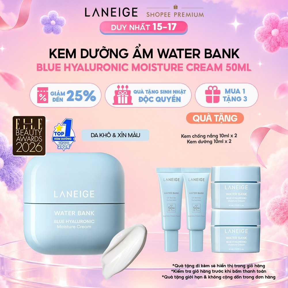 Kem Dưỡng Ẩm Sâu 100H Laneige Water Bank Blue Hyaluronic Moisture Cream 50ml (Da Thường và Da Khô)