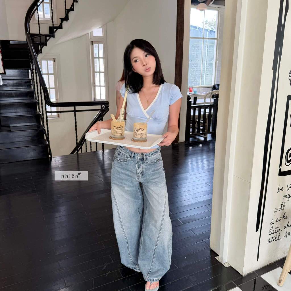 𝐏𝐞𝐫𝐥𝐞 𝐓𝐨𝐩 - Áo thun nữ, Áo thun viền cổ tim chéo ngực tay ngắn nhien.official NAT00034 | BigBuy360 - bigbuy360.vn