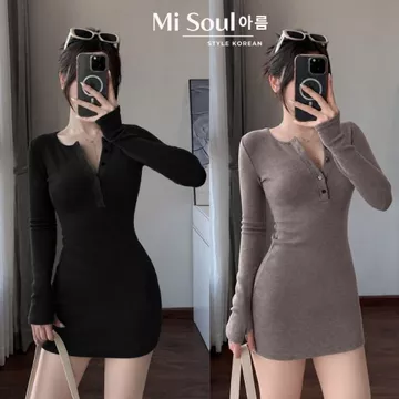 Váy Body Len Cổ Trụ Dài Tay Xỏ Ngón, Đầm Body Dáng Ngắn Mùa Đông Một Lớp Sexy MiSoul 629