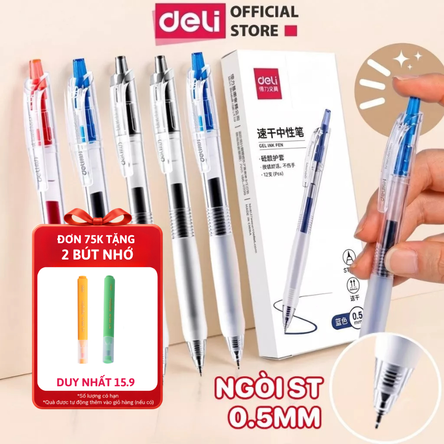 Combo 3/5/12 Bút Gel Bấm Deli SA60 Ngòi ST 0.5mm Nhanh Khô Mực Xanh, Đỏ, Đen Chống Nhòe Đệm Tay Êm