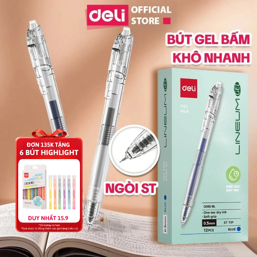 [TRỢ GIÁ EG08S] Hộp 12 Bút Gel Bấm EG08S Deli Ngòi ST 0.5mm Nhanh Khô Mực Xanh Đen Đỏ Đều Mực Có Đệm Tay