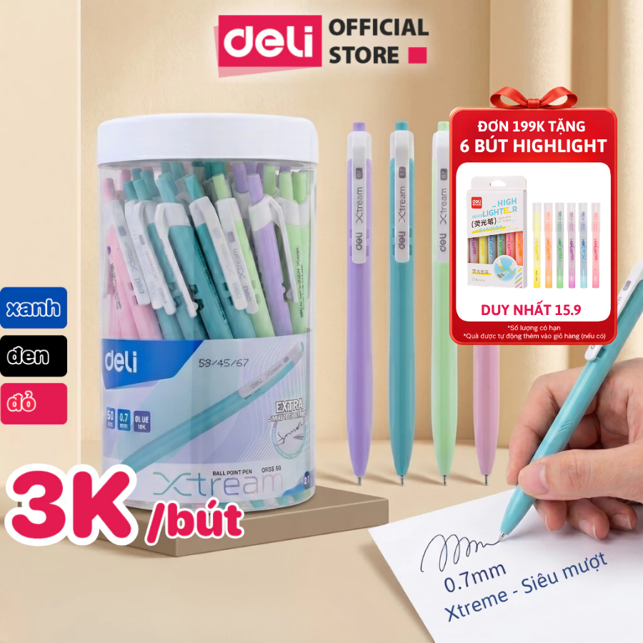 Hộp 50 Bút Bi Bấm Deli Mực Xanh Đen Đỏ Ngòi 0.7mm Viết Đều Trơn Tru Thân Pastel Học Sinh