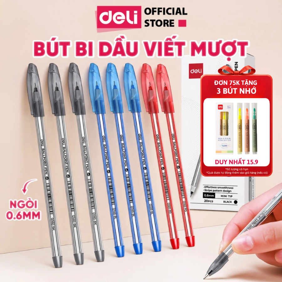 Combo 5/10/20 Bút Bi Dầu Deli Ngòi 0.6mm Bút Bi Nến Q560 EQ560 Mực Xanh Đen Đỏ Đậm Nét Viết Mượt