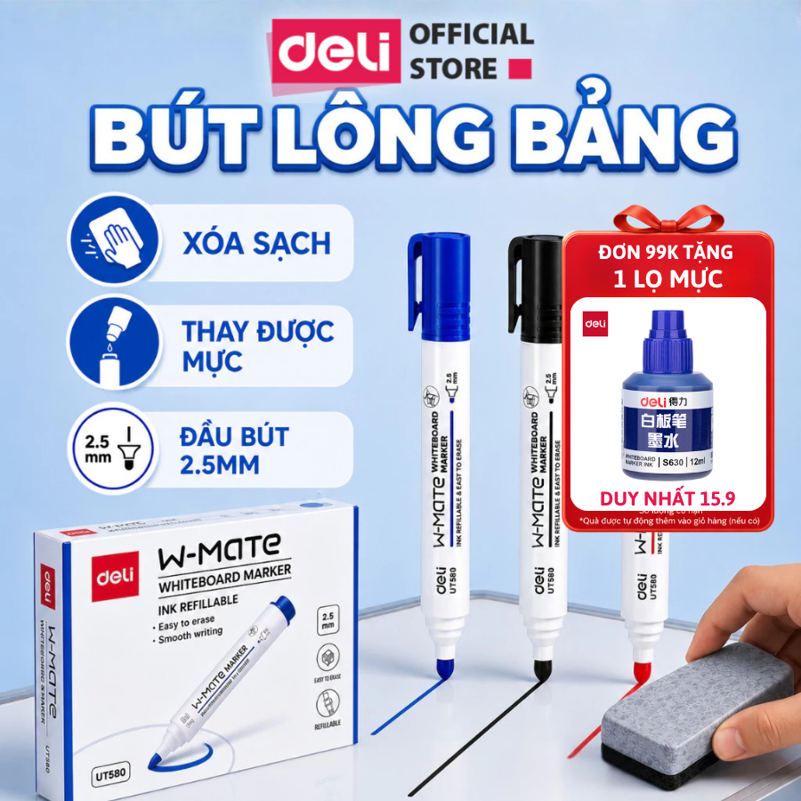 Hộp 12 Bút Lông Bảng Thế Hệ Mới Deli W-Mate Thay Được Mực Xanh Đen Đỏ Ngòi 2.5mm Mực Lau Sạch