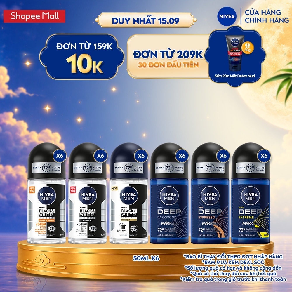 Combo 2 Lăn Khử Mùi Nam NIVEA MEN 50ml Ngăn Mồ Hôi & Mùi Cơ Thể 48H-72H - Deep Darkwood/Extreme/Espresso/Black&White
