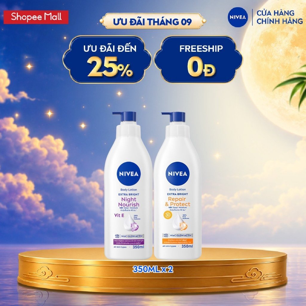 [WOO! x NIVEA] Bộ 2 Sữa Dưỡng Thể NIVEA Ngày Và Đêm Dưỡng Sáng Da | Phục Hồi | Bảo Vệ Da (350 ml) - 98412+88311
