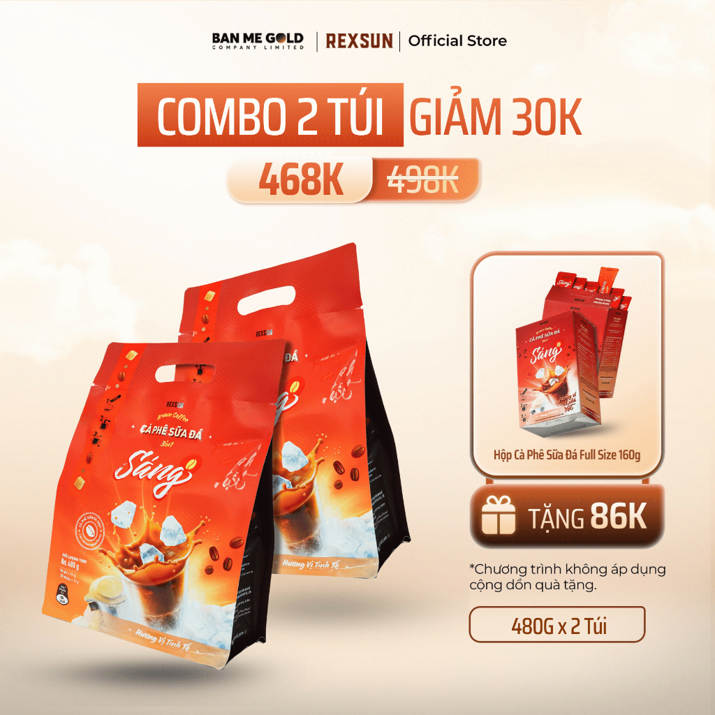 [COMBO TIẾT KIỆM] 2 Túi Cà Phê Sữa Đá Hòa Tan Truyền Thống - Cafe Sữa Đá Hòa Tan Túi Tiện Lợi Ban Me Gold - Rexsun