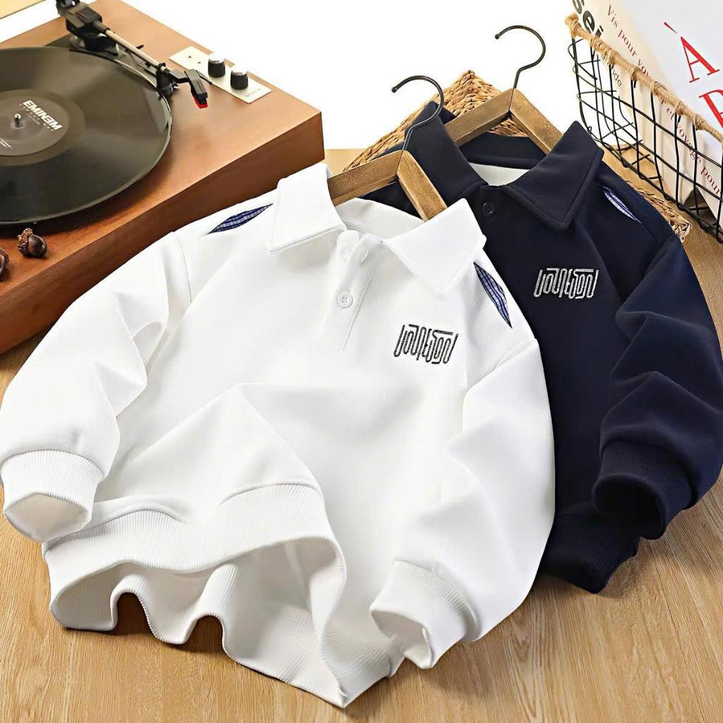 Áo POLO DÀI TAY thu đông cho bé 18_45kg dành cho bé trai mẫu chất nỉ DA CÁ dày dặn giữ ấm tốt mẫu ÁO POLO DÀI TAY NL58