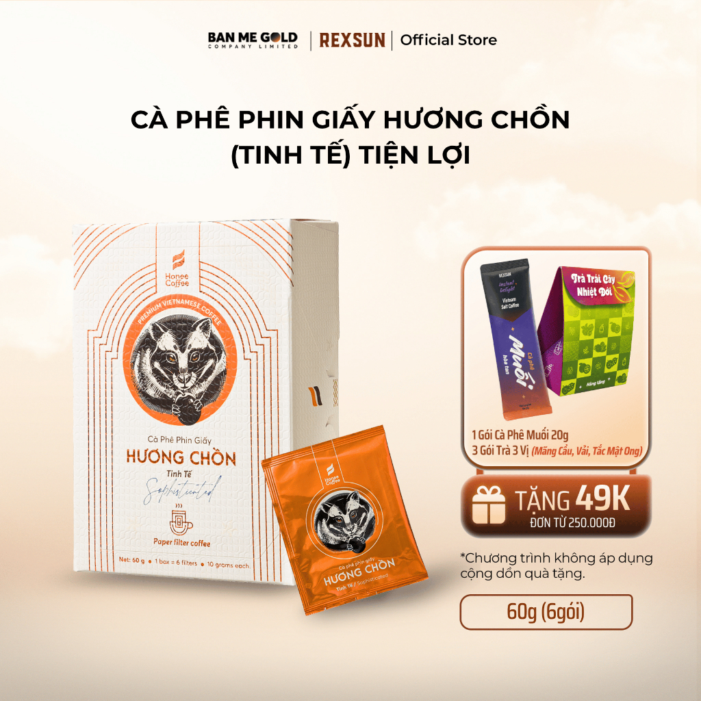 Cà Phê Phin Giấy Hương Chồn (Tinh Tế) - Cà Phê Phin (60g/6 Túi) - Cà Phê Rang Xay Nguyên Chất Tiện Lợi Ban Me Gold